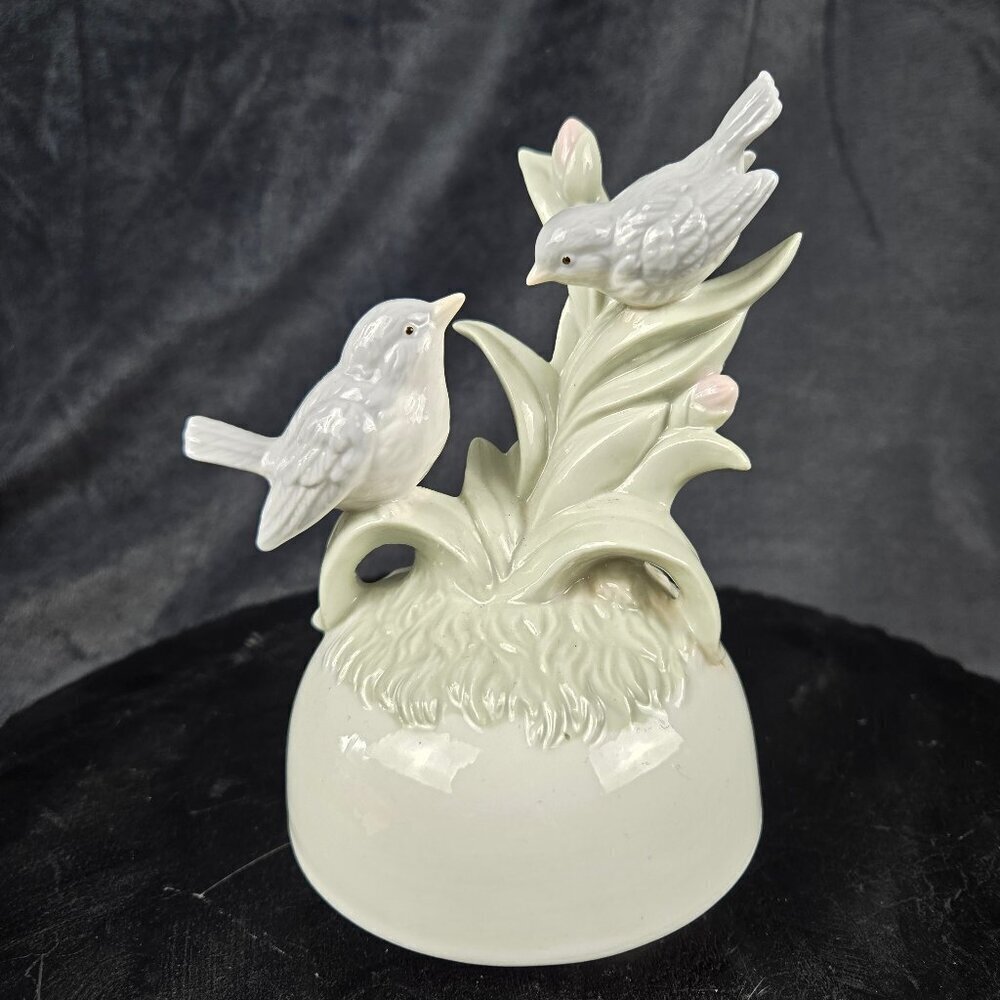 Porcelain Music Box Two Birds Perched on Greenery Green Blue Cream Vintage